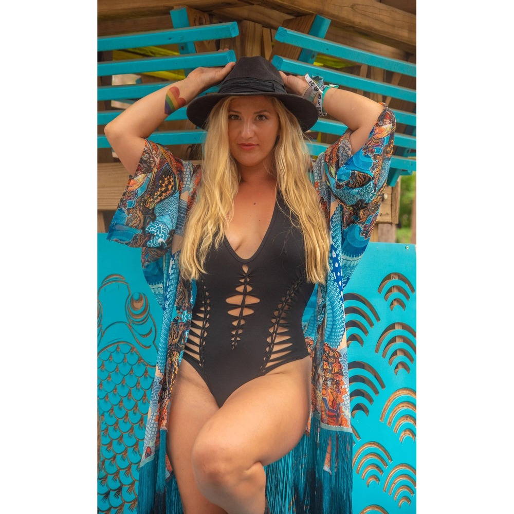 Warrior Within Designs Black Bamboo Braid Halter Bodysuit L Festival Snip Tease
